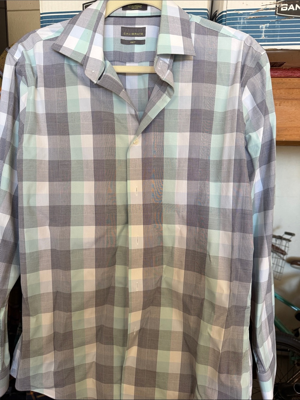 C2 by Calibrate Mint, Light Blue & Gray Plaid Dress Shirt